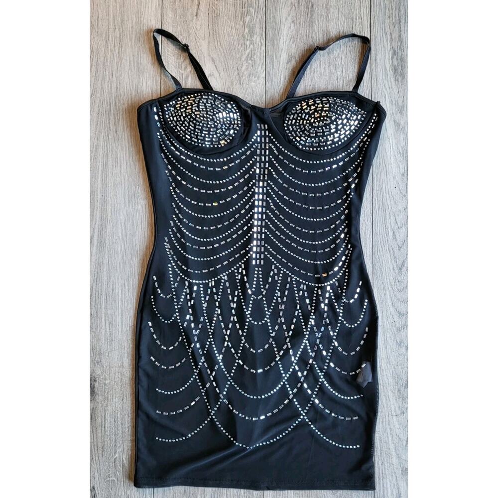 12th Tribe Shake It Black Rhinestone Mesh Mini Dress | Size M, EUC - Picture 2 of 10